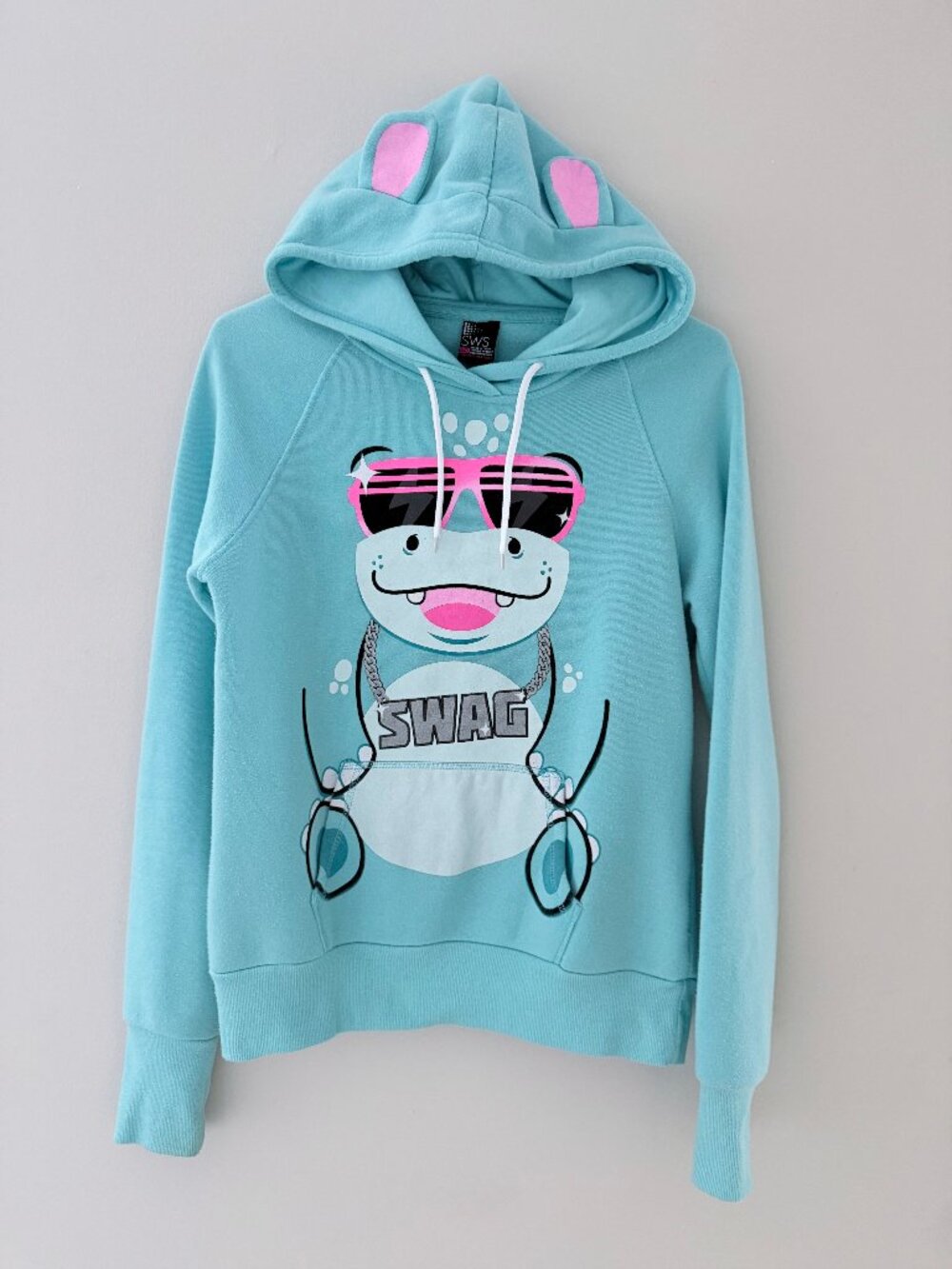 SWS BLUE WITH PINK & SILVER HOODED HOODIE SWEATSHIRT - SWAG - JUNIOR SIZE LARGE